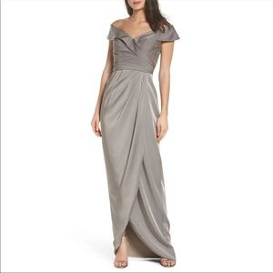 La Femme Surplice Off Shoulder Column Gown 25206 Size 12 Pewter